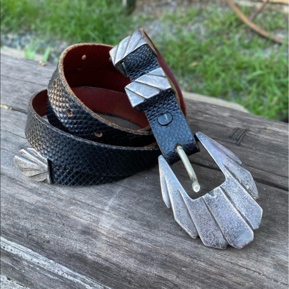 Tom Taylor Exotic Black Leather Belt + Sterling Silver Buckle Set